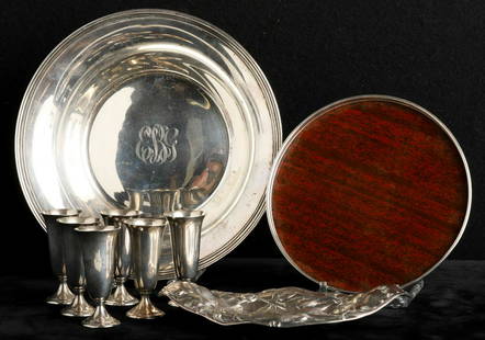 COLLECTION OF STERLING SILVER WARES: Including (6) Alvin sterling silver cordials, monogrammed Alvin sterling silver bowl, Alvin sterling silver nut dish, Alvin sterling silver rimmed tray. 13.25 ozt weighable. Bowl 8 7/8" diameter