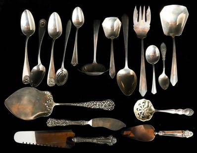 COLLECTION OF STERLING SILVER FLATWARE: Mostly serving pieces. Some with sterling handles. Longest 9 5/8". 19.34 ozt weighable Condition: Ref photos or call for more info Temp No 5018