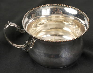 MONOGRAMMED GERMAN SILVER HANDLED CHILDS CUP: Engraved "Natalie". 2 1/4" to top of handle. 2.5 ozt Condition: Ref photos or call for more info Temp No 5019