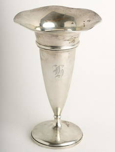 WEIGHTED STERLING SILVER TRUMPET FORM VASE: Monogrammed. 9 5/8" Condition: Ref photos or call for more info Temp No 5021