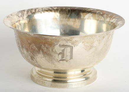 POOLE STERLING SILVER FOOTED BOWL: Paul Revere Reproduction. Monogrammed "D" 10" x 5" 21.8 Oz. Troy Condition: Ref photos or call for more info Temp No 5022