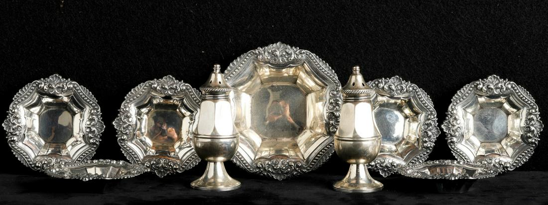 STERLING SILVER NUT DISH SET w/  SALT & PEPPER (1 of 13)