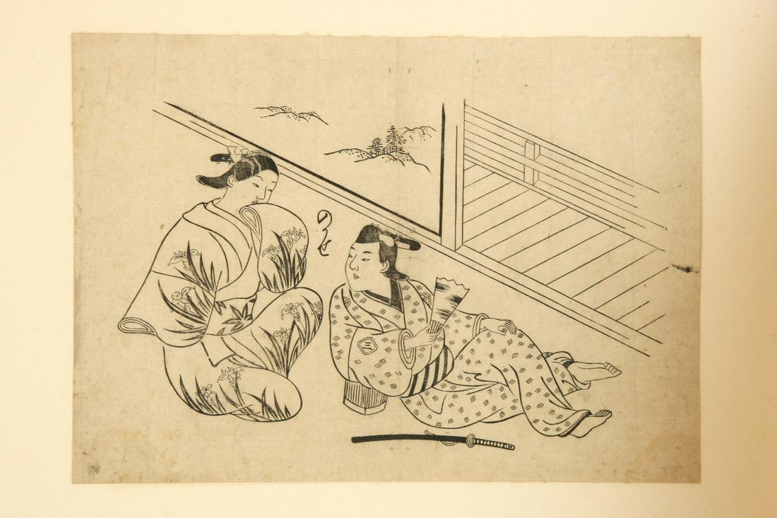 HISHIKAWA MORONOBU (1618-1694): "Two Lovers" woodcut on heavy laid paper. 9 3/4 x 13 3/4 inches Condition: Top corners tacked Temp No 6455