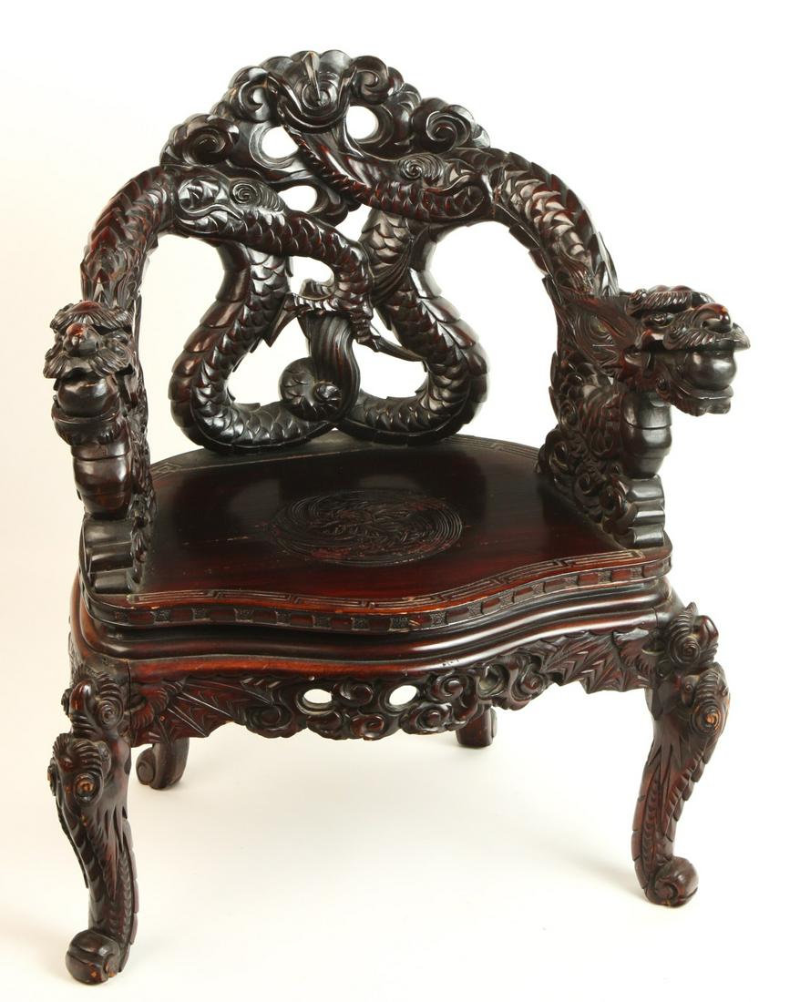 HEAVILY CARVED (19th c) JAPANESE HARDWOOD ARMCHAIR (1 of 20)