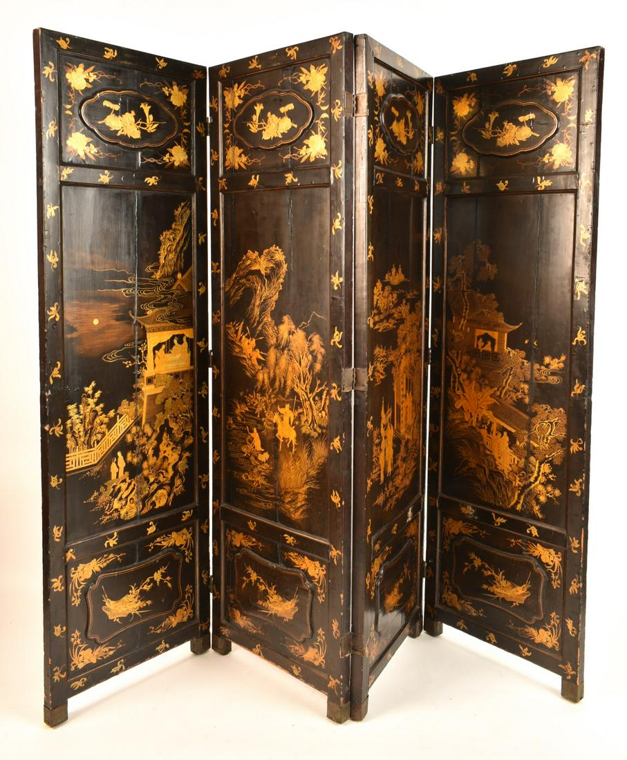 (19th c) FOUR-PANEL JAPANESE LACQUER SCREEN (1 of 20)