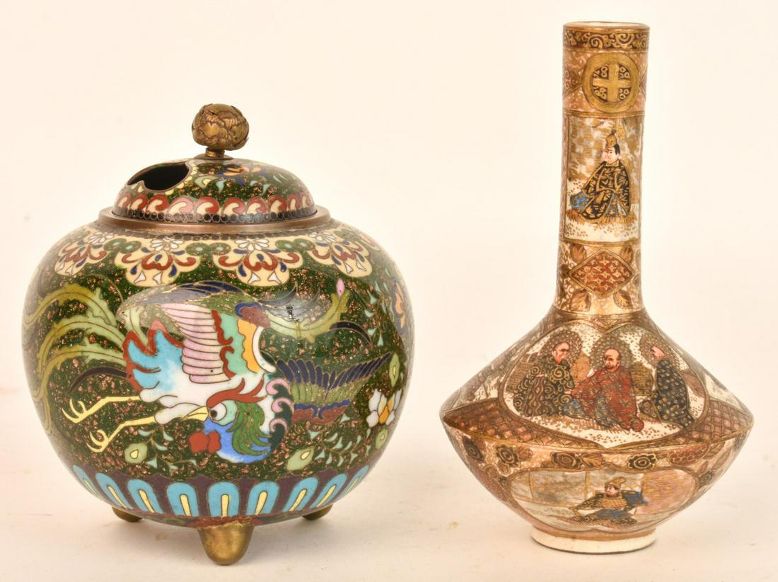 SATSUMA BOTTLE VASE & CLOISONNE GOLDSTONE CENSOR (1 of 15)