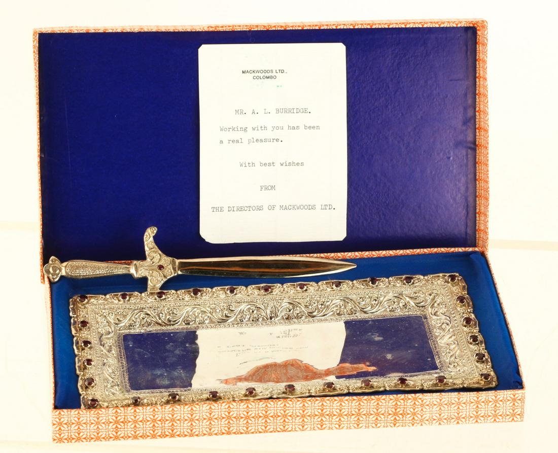 JAPANESE STERLING PRESENTATION GIFT TO A. BURRIDGE: Bejeweled tray and letter opener. 5 1/2 x 9 inches (overall size of box) Condition: Good Temp No 6112