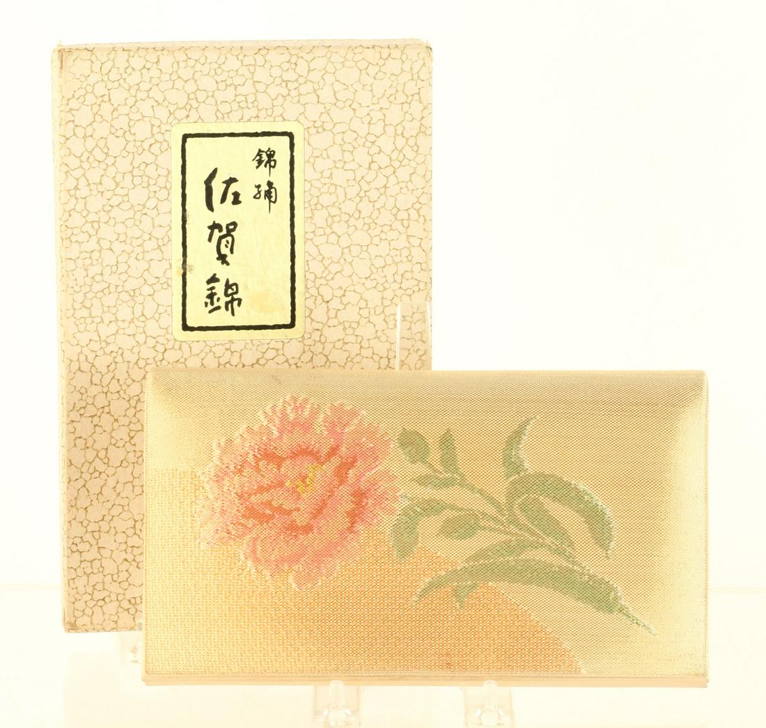 JAPANESE SAGA-NISHIKI EMBROIDERED PURSE: 5 3/4 x 9 inches Condition: Good, probably never used Temp No 6165