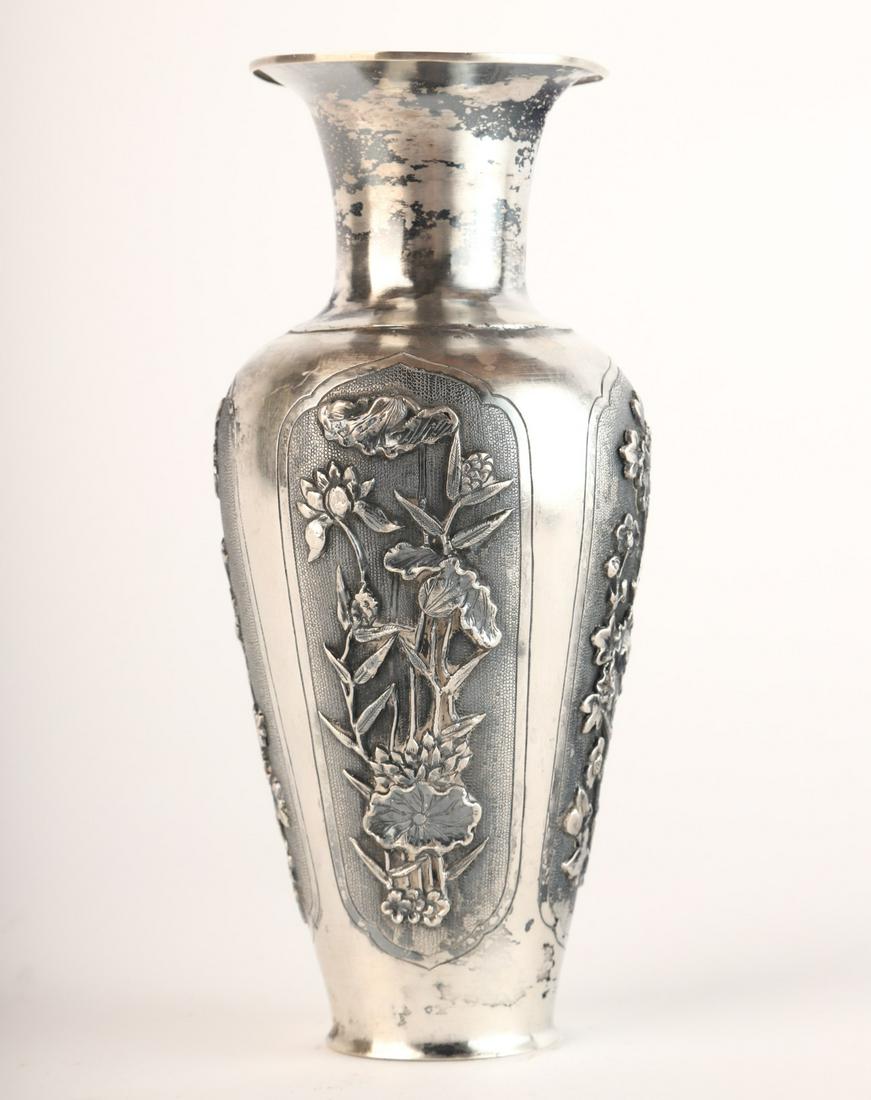 CHINESE SILVER VASE with RAISED FLOWERS & BAMBOO (1 of 8)