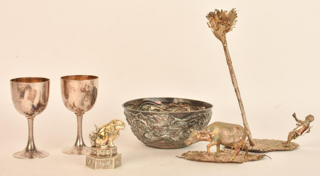 GROUP of CHINESE and JAPANESE SILVER FIGURINES, CUPS & BOWL (1 of 20)