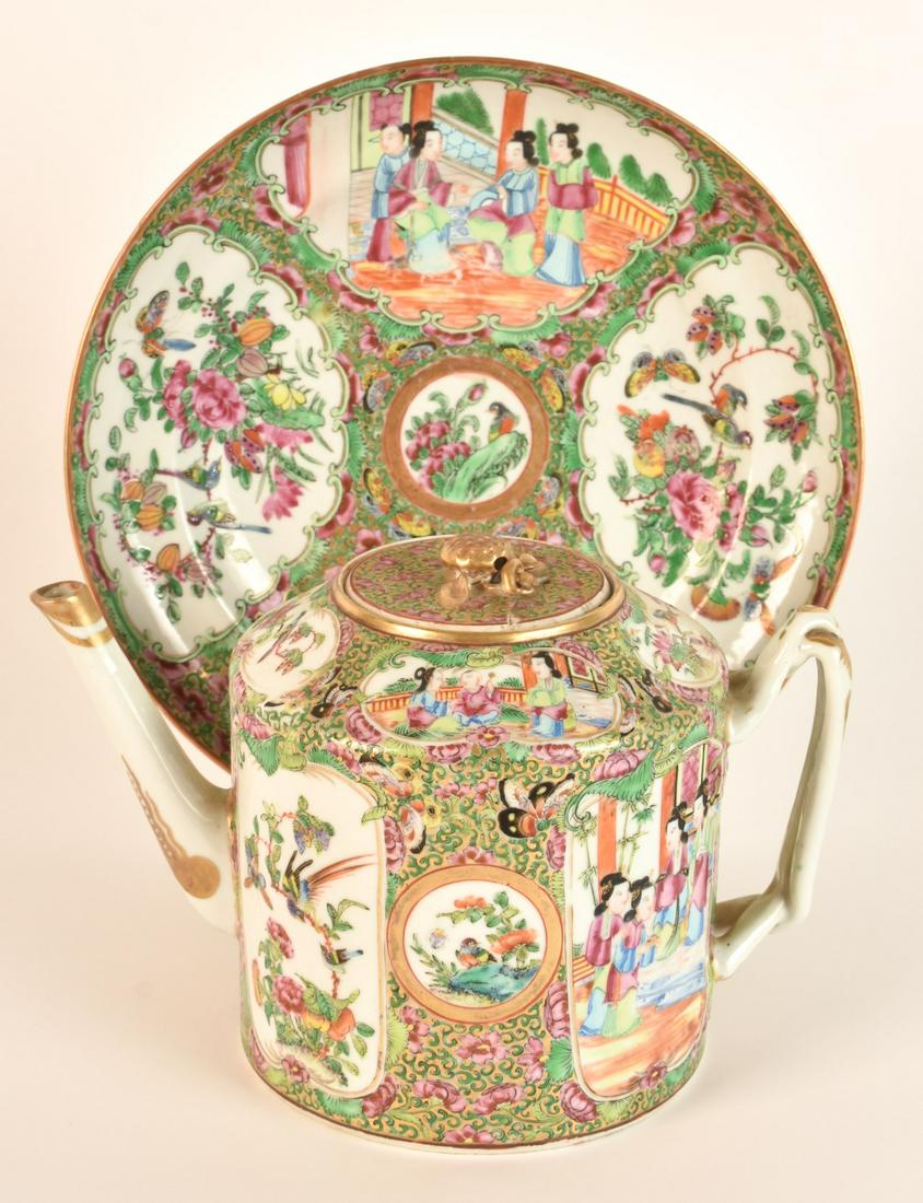 (19th c) CHINESE ROSE MEDALLION TEAPOT & PLATE (1 of 18)
