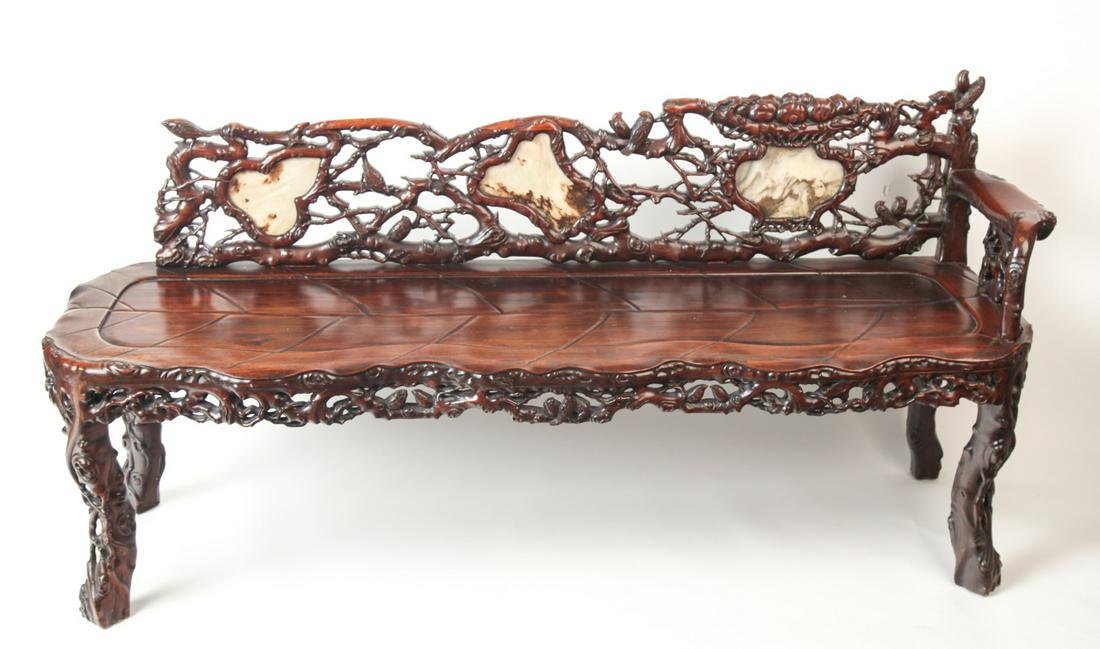 (19th c) CARVED CHINESE BENCH w/ C1920 PAINTED MARBLE PANELS (1 of 20)