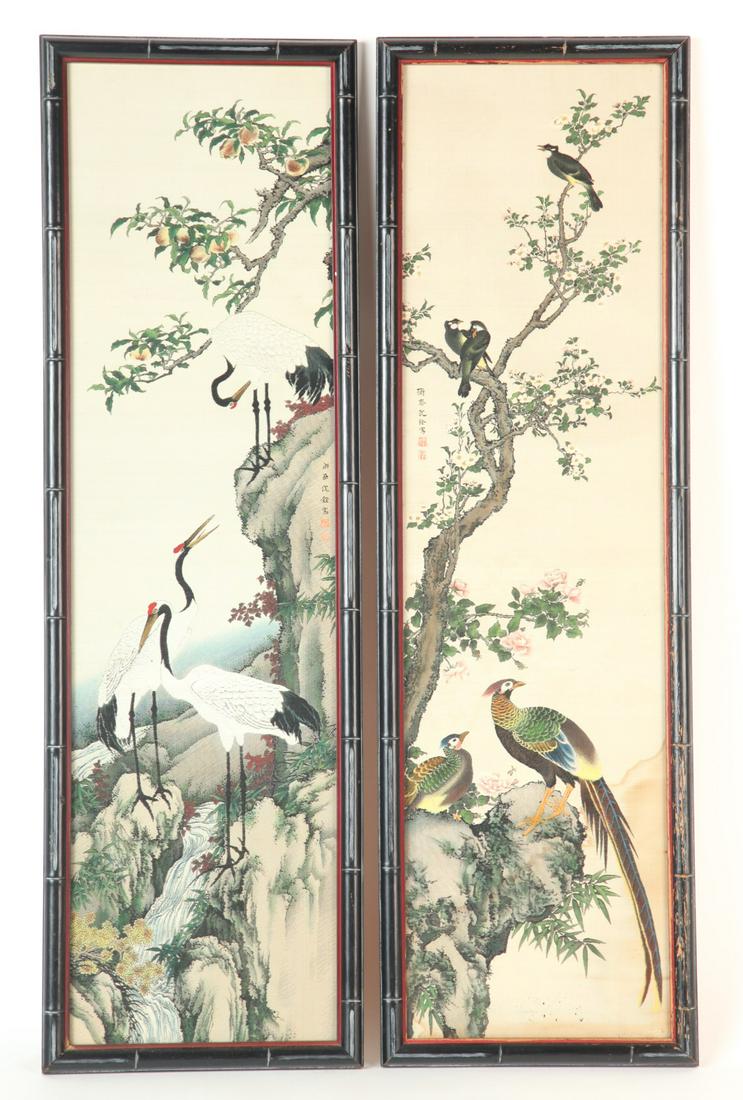 SIGNED PAIR OF CHINESE SILK EMBROIDERIES w/ BIRDS (1 of 12)