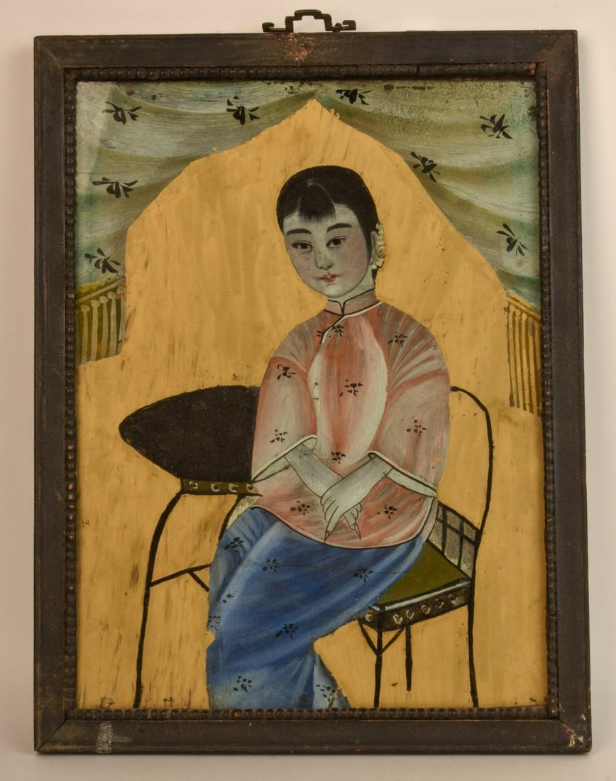 CHINESE SCHOOL (19th c): "Young seated Girl" reverse painted glass. Presented in an early frame. 18 x 14 inches (overall) Condition: Minor loss near top edge Temp No 6517