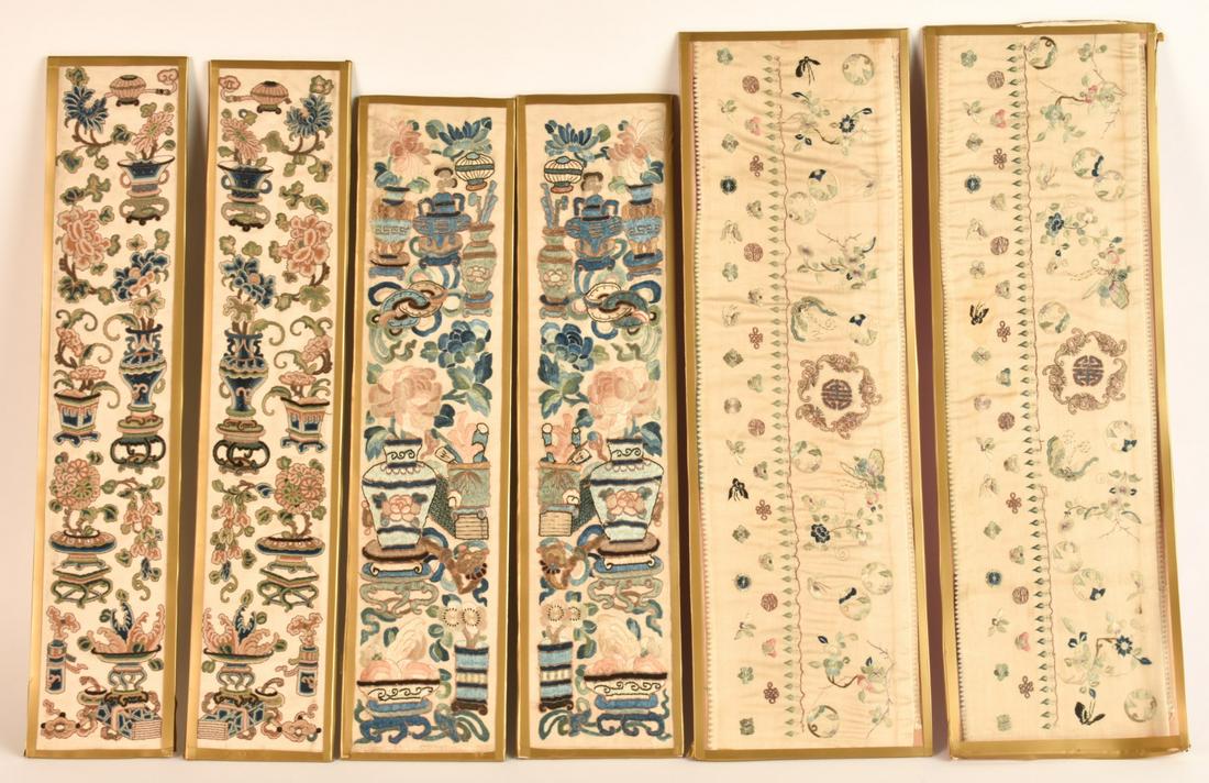 (6) CHINESE EMBROIDERED SILK SLEEVE BANDS: Including: (3) opposing pairs with (1) incorporating the forbidden stitch. 21 x 6 1/2 inches Condition: Good, minor toning Temp No 6618