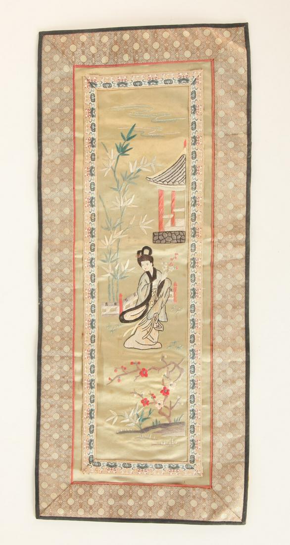 CHINESE SILK EMBROIDERY: "Women in a garden landscape" silk 23 x 10 inches Condition: Good, scattered toning Temp No 6059