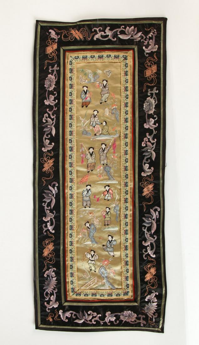 CHINESE SILK EMBROIDERY: Depicting a number of musicians and children at play. 27 x 11 1/2 inches Temp No 6065