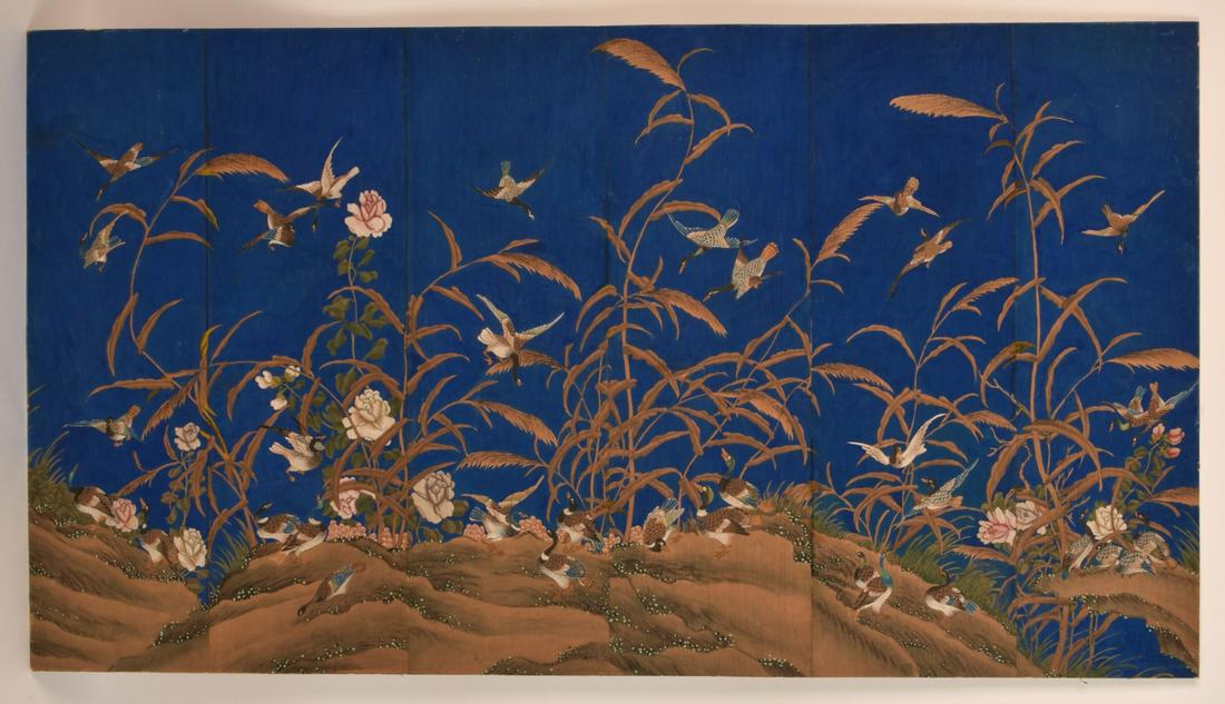 CHINESE SCROLL PAINTING(18th / 19th c): "Birds Amongst the Wetlands" pigment on paper 35 x 62 inches. unsigned. framed Condition: Good, crack to glass bottom right edge Temp No 6419