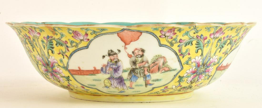 (19th c) SCALLOPED RIMMED CHINESE PORCELAIN BOWL: Decorated with (4) genre scenes inside of cartouches. signed under base. 3 x 10 inches Condition: (2-3) small rough spots to rim Temp No 6432