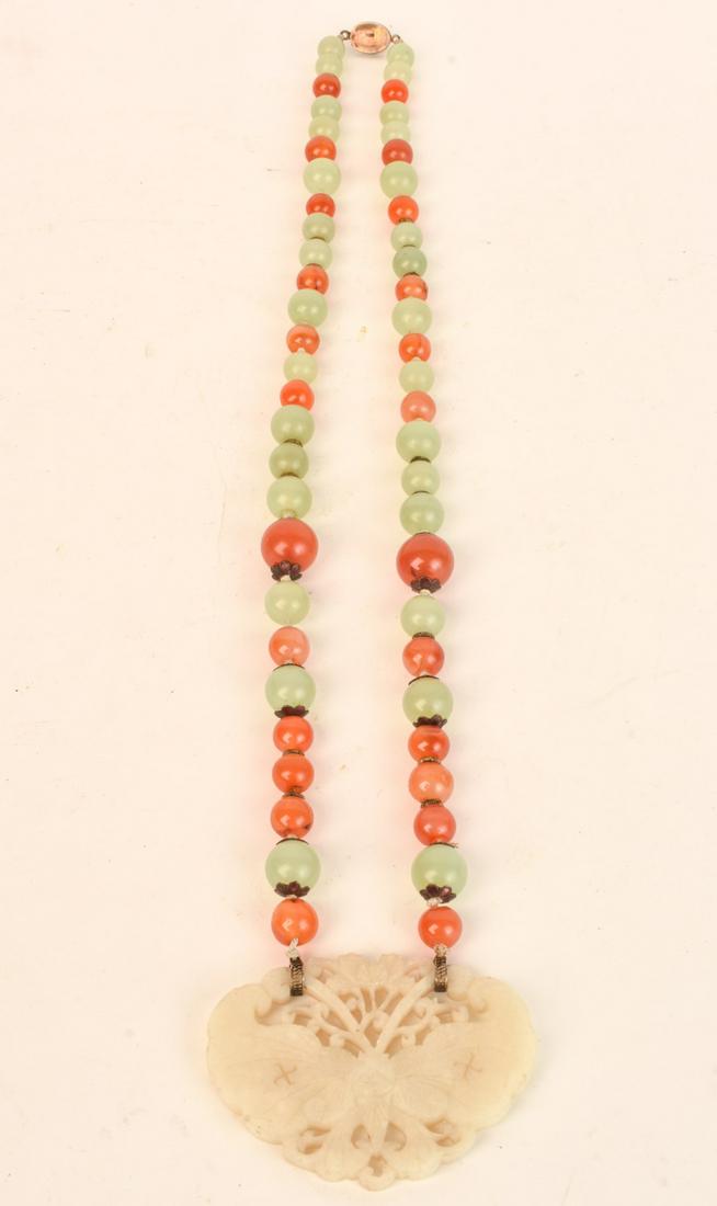 CHINESE JADE & AGATE NECKLACE with JADE PENDANT (1 of 12)