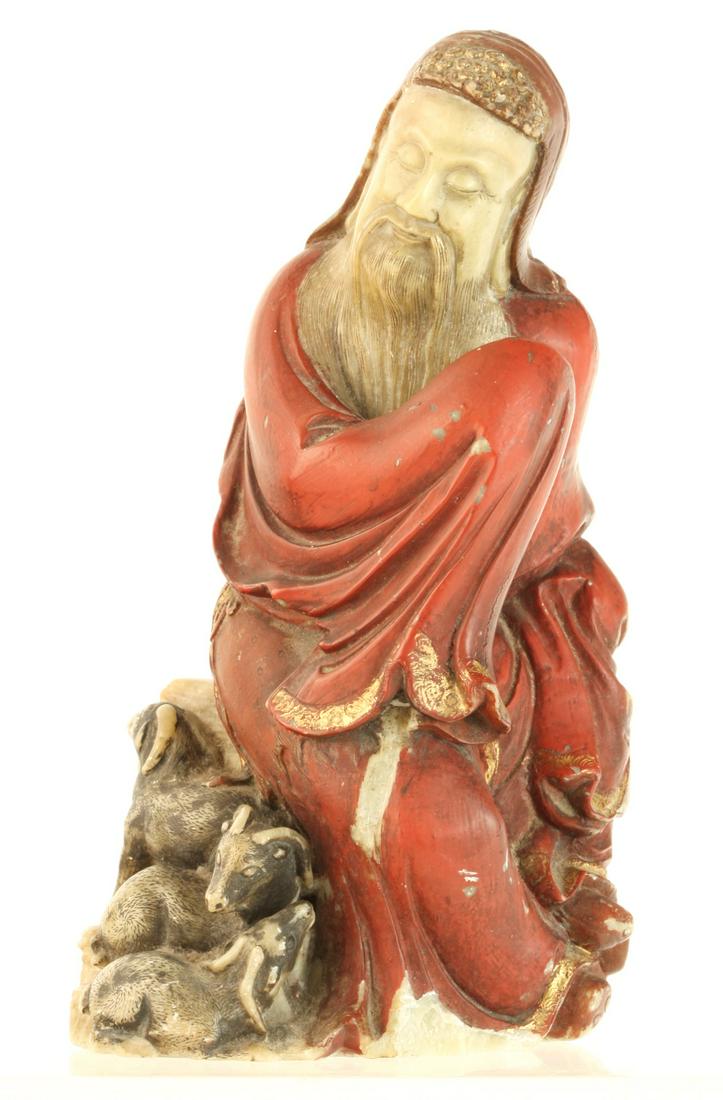 (19th c) CHINESE CARVED & PAINTED SOAPSTONE FIGURE (1 of 13)