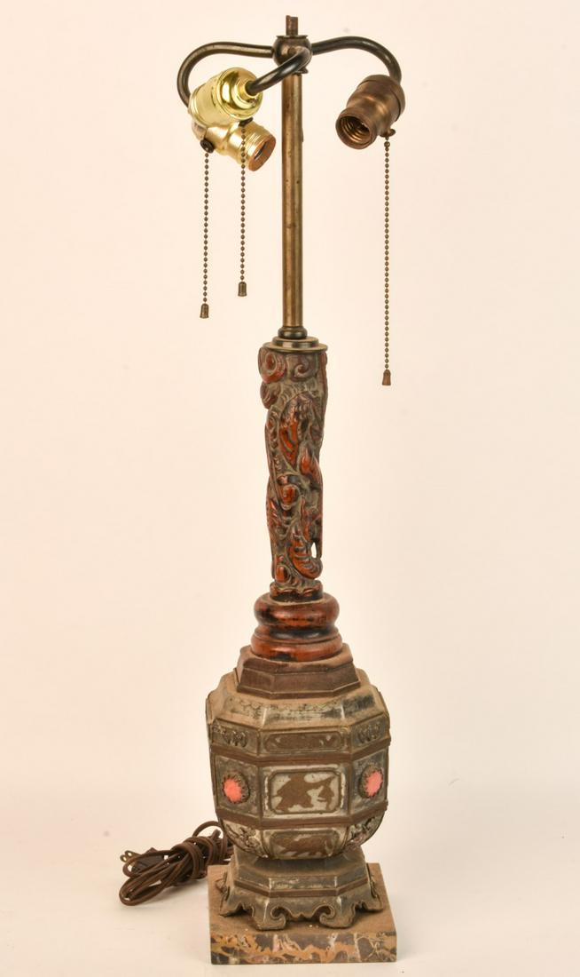 ASIAN MAKE-DO LAMP: Period Chinese fragments turned into a lamp. Wood, pewter and bronze. 28 1/4" overall Temp No 6557