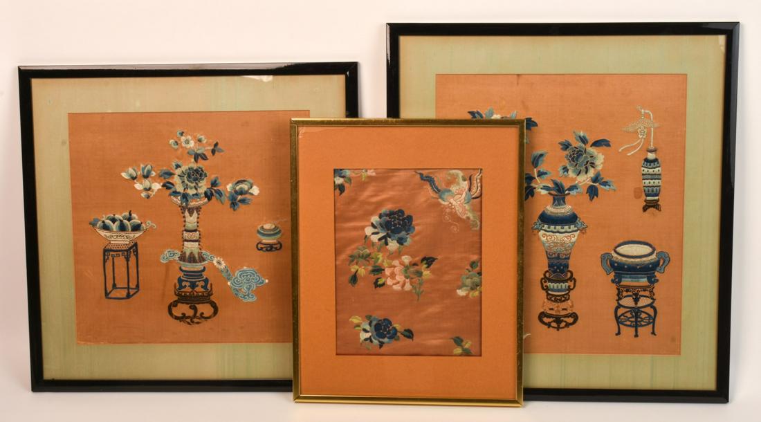 THREE (19th c) CHINESE SILK EMBROIDERIES (1 of 14)