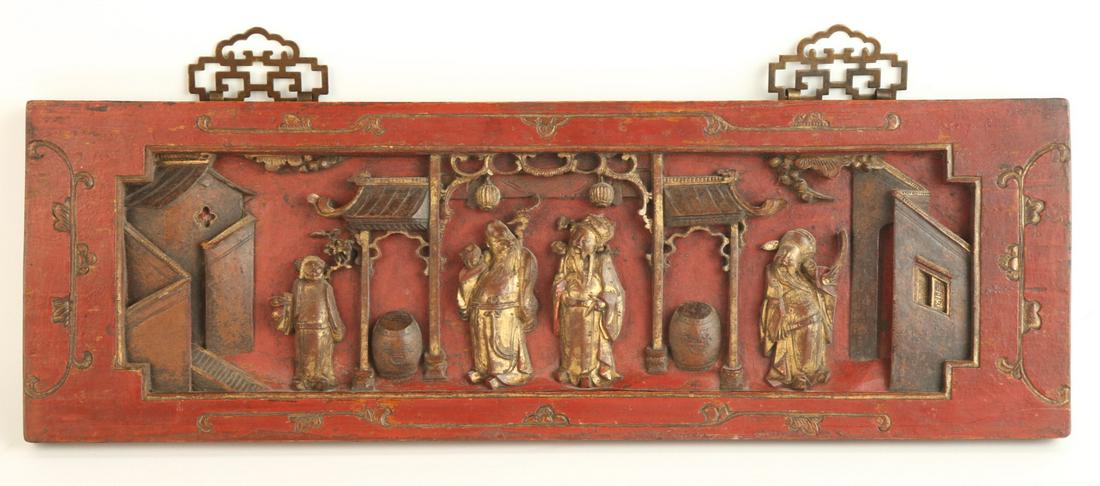 CHINESE FINELY CARVED, PAINTED & GILT PLAQUE (1 of 10)