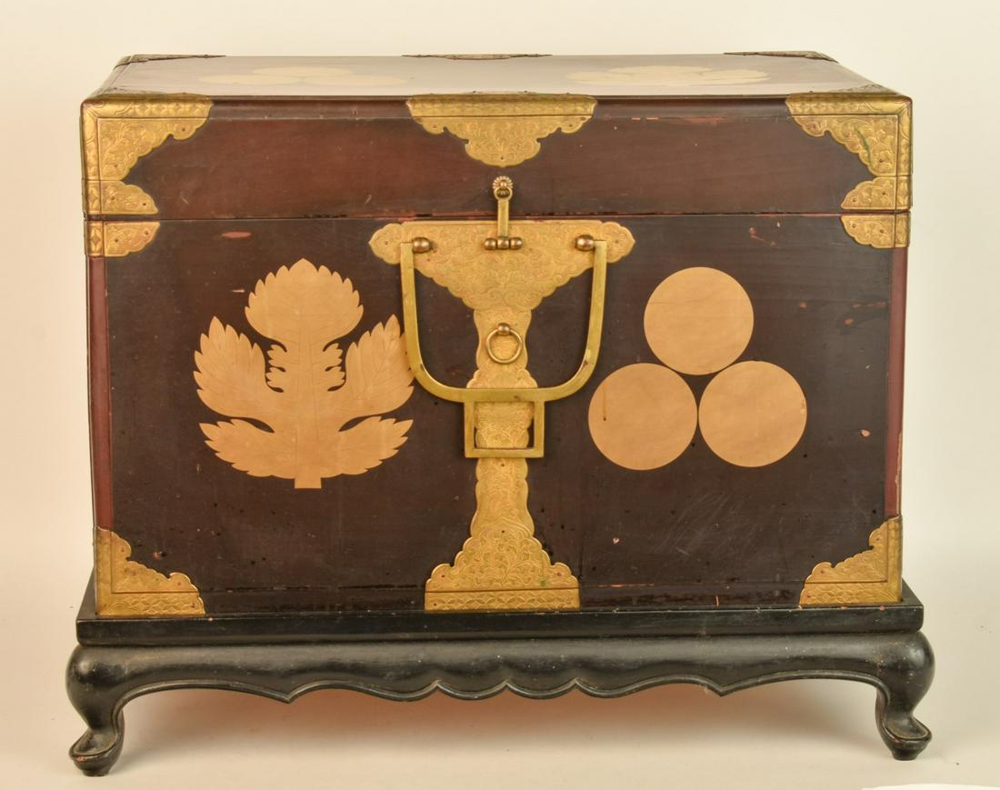 (19th c) PARCEL GILT LACQUER ROBE CHEST ON FRAME (1 of 7)