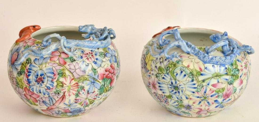 PAIR CHINESE PORCELAIN BOWLS with BATS & CHILONGS: All-over floral motif with sculpted chilongs and bats applied to rim. signed. 4 x 5 1/2 inches Condition: Good Temp No 6012