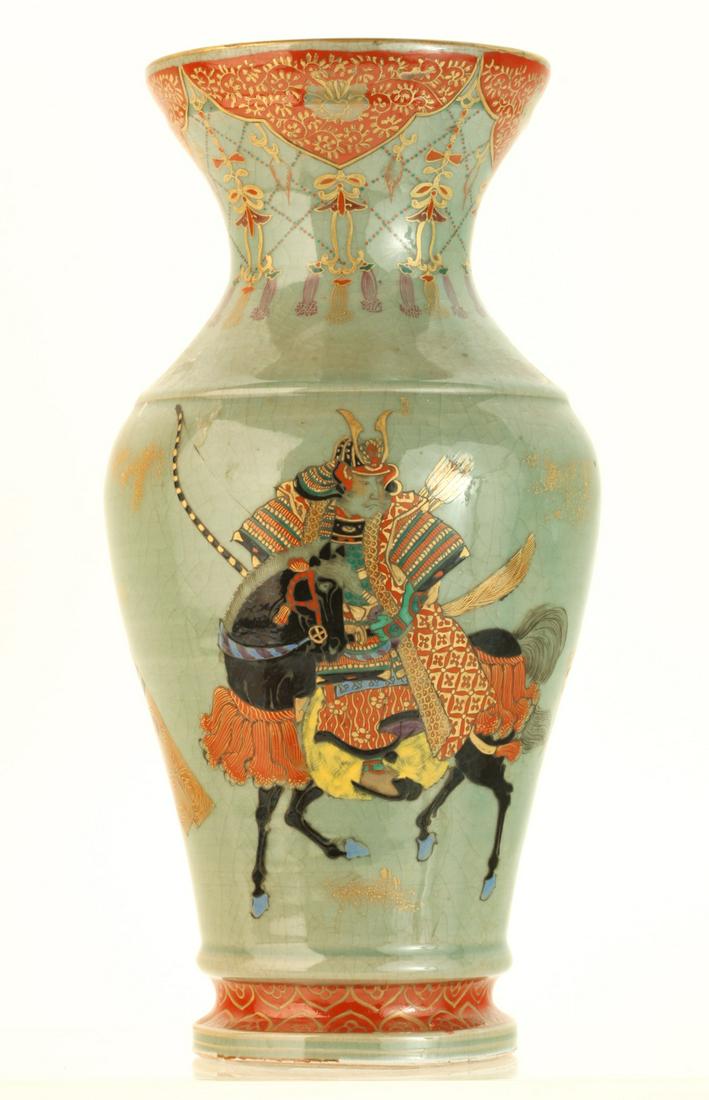 JAPANESE C1890 CELEDON VASE HANDPAINTED  with WARRIORS (1 of 17)