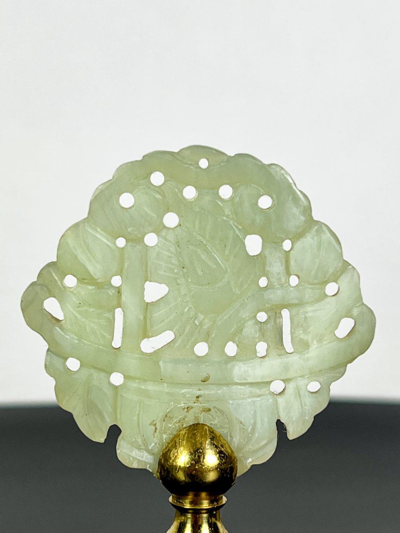 CARVED & PIERCED WHITE JADE PLAQUE: Plaque measures 2 1/4 X 2 3/8 inches. 5 Inch height with finial.