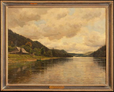 LOUIS ASTON KNIGHT (1873-1948): Pine Island Lodge / Ristigouche Salmon Club Quebec oil on canvas. 25 x 31 inches signed and dated 1916. framed 29 x 35 1/2 (overall)