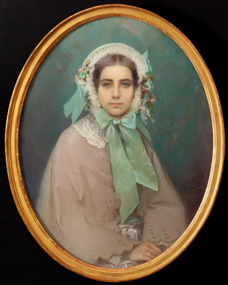 ALFRED GEORGES HOEN (1869-1954): Young Woman in a Bonnet with Flowers Oil on canvas in oval frame. 35 x 28 inches (overall) Provenance: Purchased from Mimi Crandall, grand daughter of the sitter; Gallatin Hoppin Condition: Good