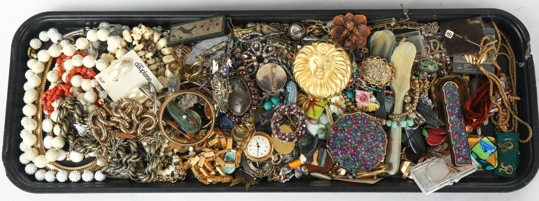 LARGE LOT OF VINTAGE COSTUME JEWELRY: Includes compact sets, brooches/pins, faux pearl necklaces, bone page turners, (1) Thoren's lighter, copper pine cone scale necklace, bone bead necklaces, stone bead necklaces, turtles, birds, clamshe