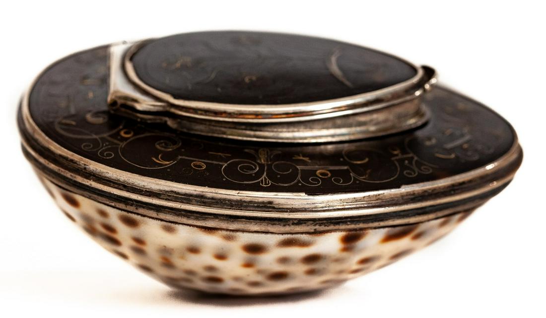 SILVER MOUNTED COWRY SHELL & BOULLE SNUFF BOX (1 of 6)