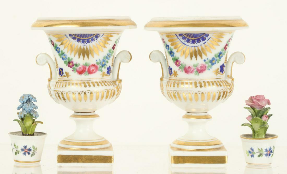 PAIR OF CONTINENTAL PORCELAIN URNS & POTTED FLOWER (1 of 8)