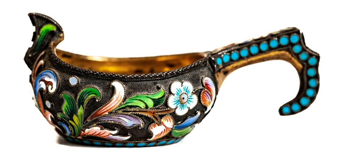 RUSSIAN CLOISONNE ENAMEL & SILVER KOVSH (1 of 6)