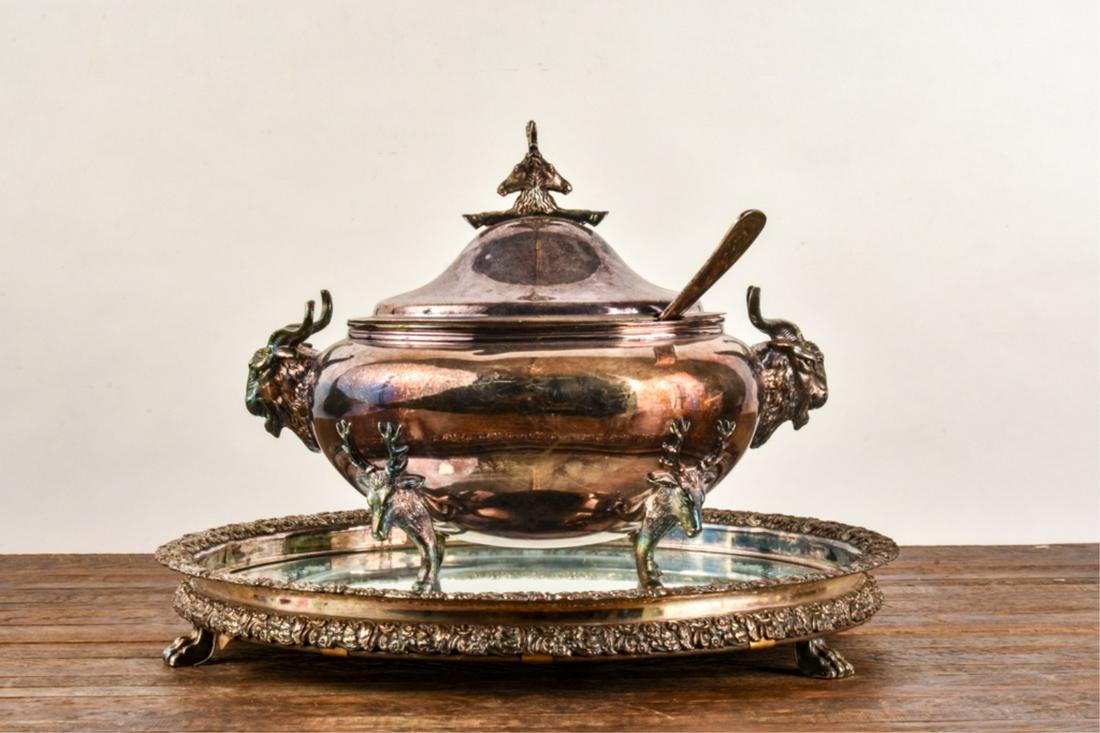 SILVER PLATE TUREEN with STAG AND GOAT MOTIF (1 of 14)