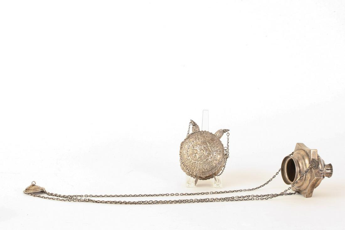 ANTIQUE RUSSIAN THURIBLE CENSER & POWDER FLASK: Censer has distinct hall marks, marked 84 zolotnik (.875 fineness) near lip; gun powder flask unmarked. 20 1/2 x 9 3/4 x 9 3/4 inches. Condition: Powder flask has dents, some separation of one side