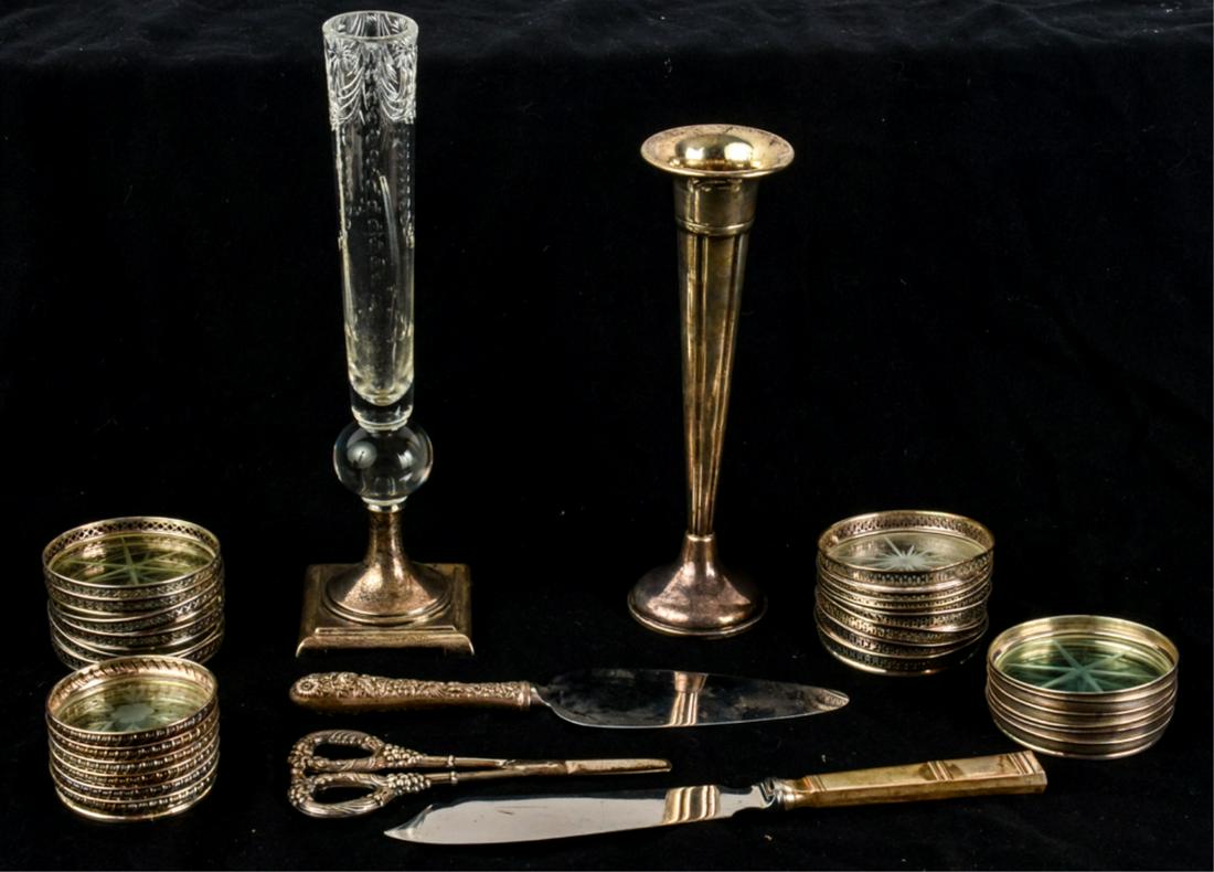 STERLING ODDSOME LOT: Sterling lot including: (2) different sets of wine coasters, an engraved honey pot, a fluted bud vase, an engraved glass bud vase on sterling base, (2) serving pieces, and a pair of grape shears. Toge