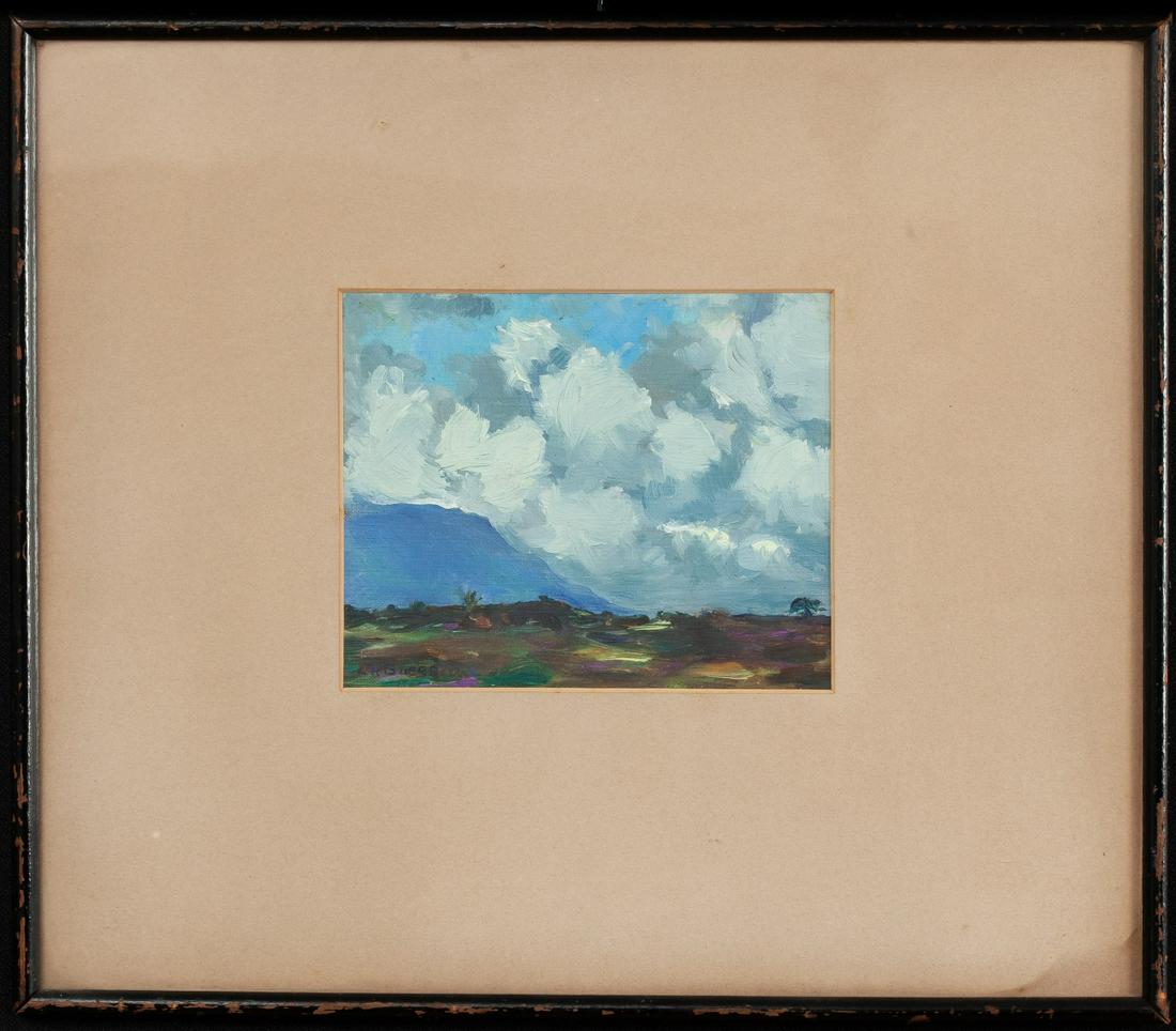 EXPANSIVE LANDSCAPE with BUILDING CLOUDS: Oil on canvas 13 x 15 inches (overall). Signed L.A. Guerriere. Framed in Edinburgh, Scotland Condition: Good Temp No 3241-295