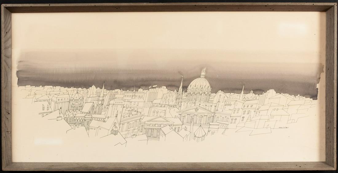 HANS HERBATSCHEK-HANSEN (1907-1967): Foreign Cities Ink and wash on paper. 17 1/2" x 35" framed Temp No 3338-20