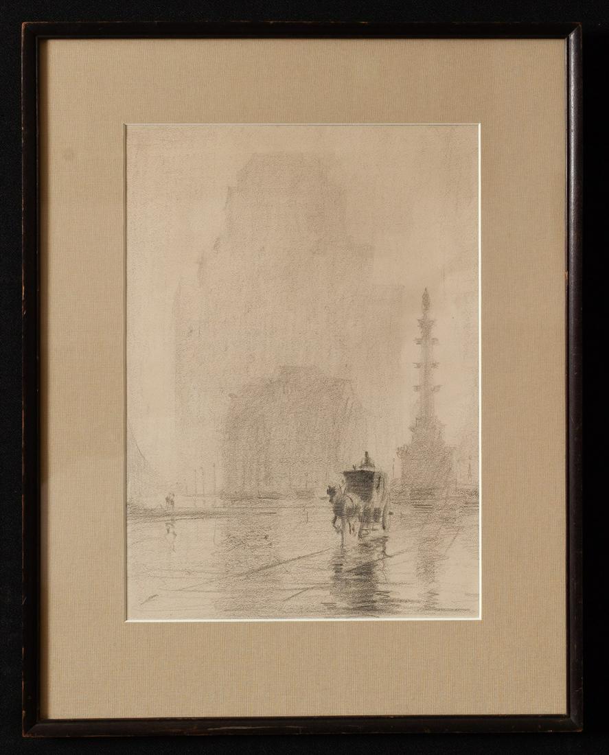 HORSE DRAWN CARRIAGE ON A RAINY DAY: Charcoal on paper 20 x 15 3/4 inches (overall) Condition: Good Temp No 3406-1042