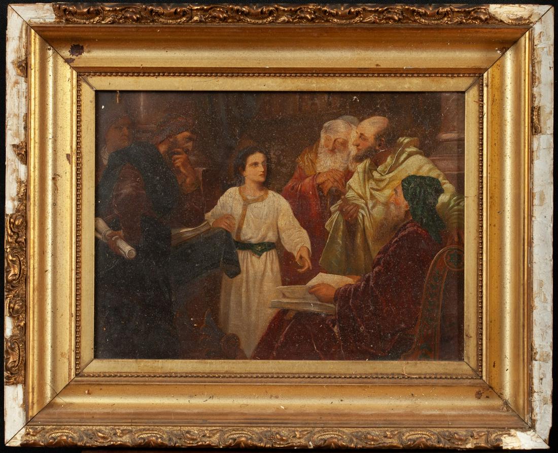 After HEINRICH HOFMANN (1824-1911): Jesus in the Temple oil on panel 11 x 15 inches / 17 x 21 inches (overall) Condition: Surface grime, craquelure Temp No 3312
