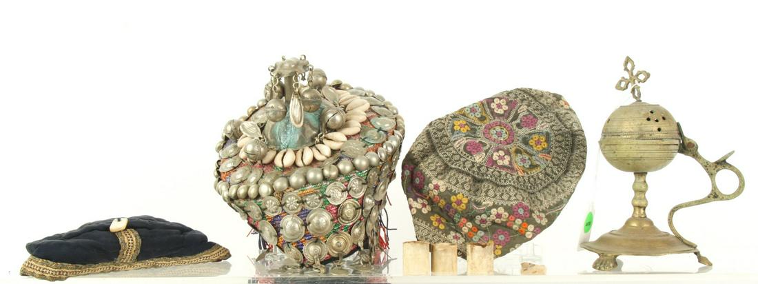 AFGHANISTAN TURKOMAN WEDDING HEADDRESS: Interesting lot consisting of an Afghanistan Turkoman traditional tribal wedding headdress, together with other miscellaneous memorabilia (photos, textile fragments, a wood baton, brass incense burner