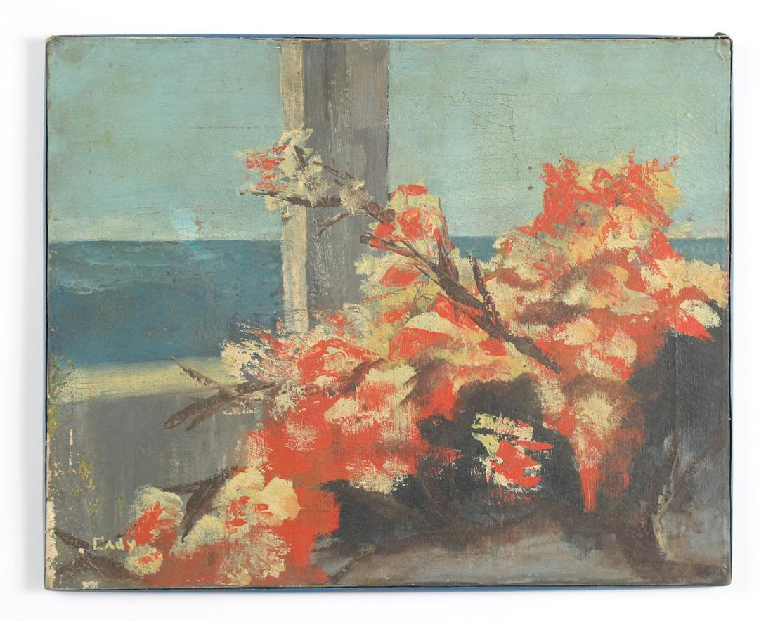 AMERICAN SCHOOL (20th c): Still Life overlooking the Ocean oil on canvas 16 x 20 inches. signed Cady Condition: Scattered paint losses, craquelure, surface grime. Temp No 4153
