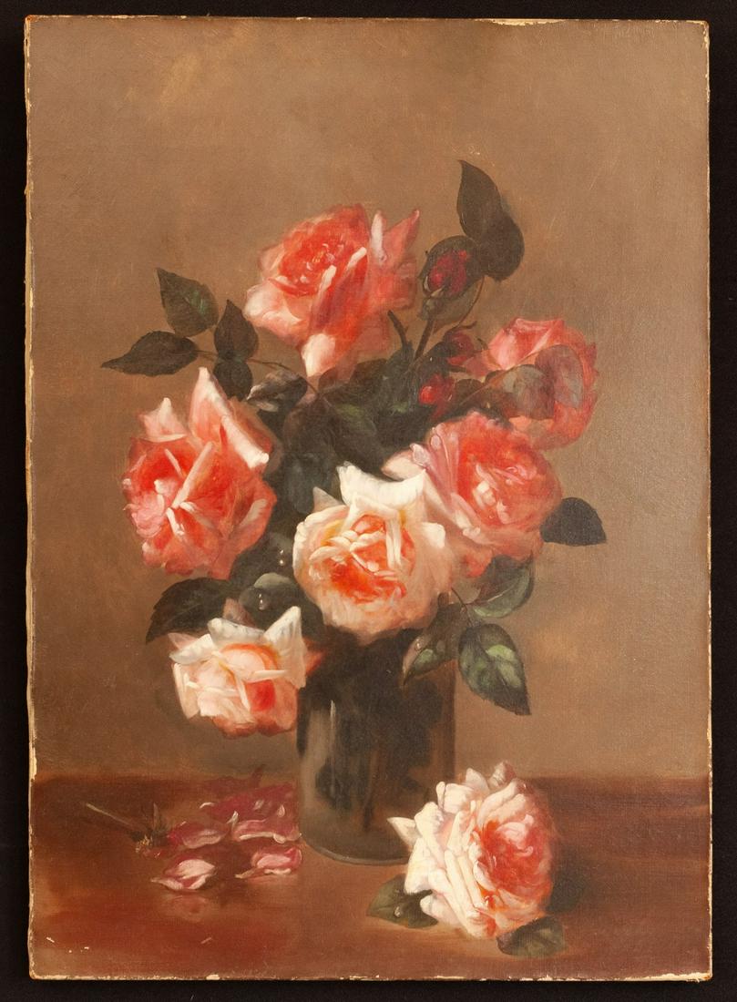 Attributed to VICTORIA FANTIN LaTOUR (1840-1926): Still life of Roses oil on canvas 24 x 17 inches. signed verso in another hand "Fantin" should encourage those interested to look at this work more closely. Condition: Craquelure Temp No 3489-942