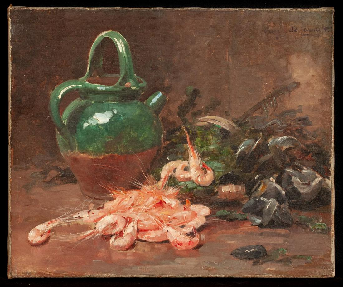 ALBERT TIBULE FURCY DE LAVAULT (1847 - 1915): Still life with Shrimp oil on canvas 15 x 18 inches. Condition: Good, lined Temp No 3517-503