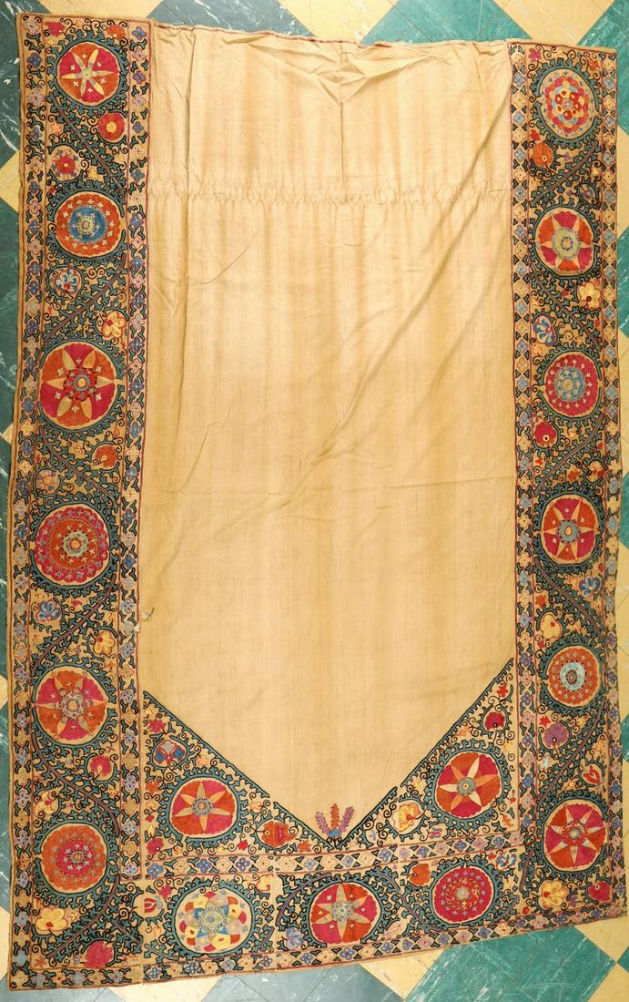 VIBRANT ANTIQUE SUZANI-STITCHED TEXTILE: 7' 7" x 5' 8". Condition: Stained, punctures, tears. Temp No 4245